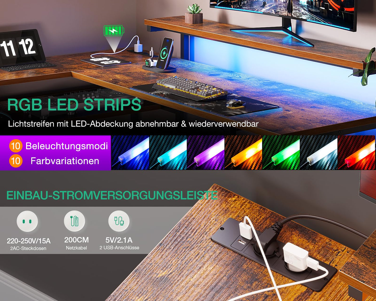 ODK Schreibtisch mit Schubladen, Reversible Eckschreibtisch mit 2 Steckdosen und 2 USB Ladeanschluss, Bürotisch L Form mit LED für Home Office 135×110cm (Schwarz)