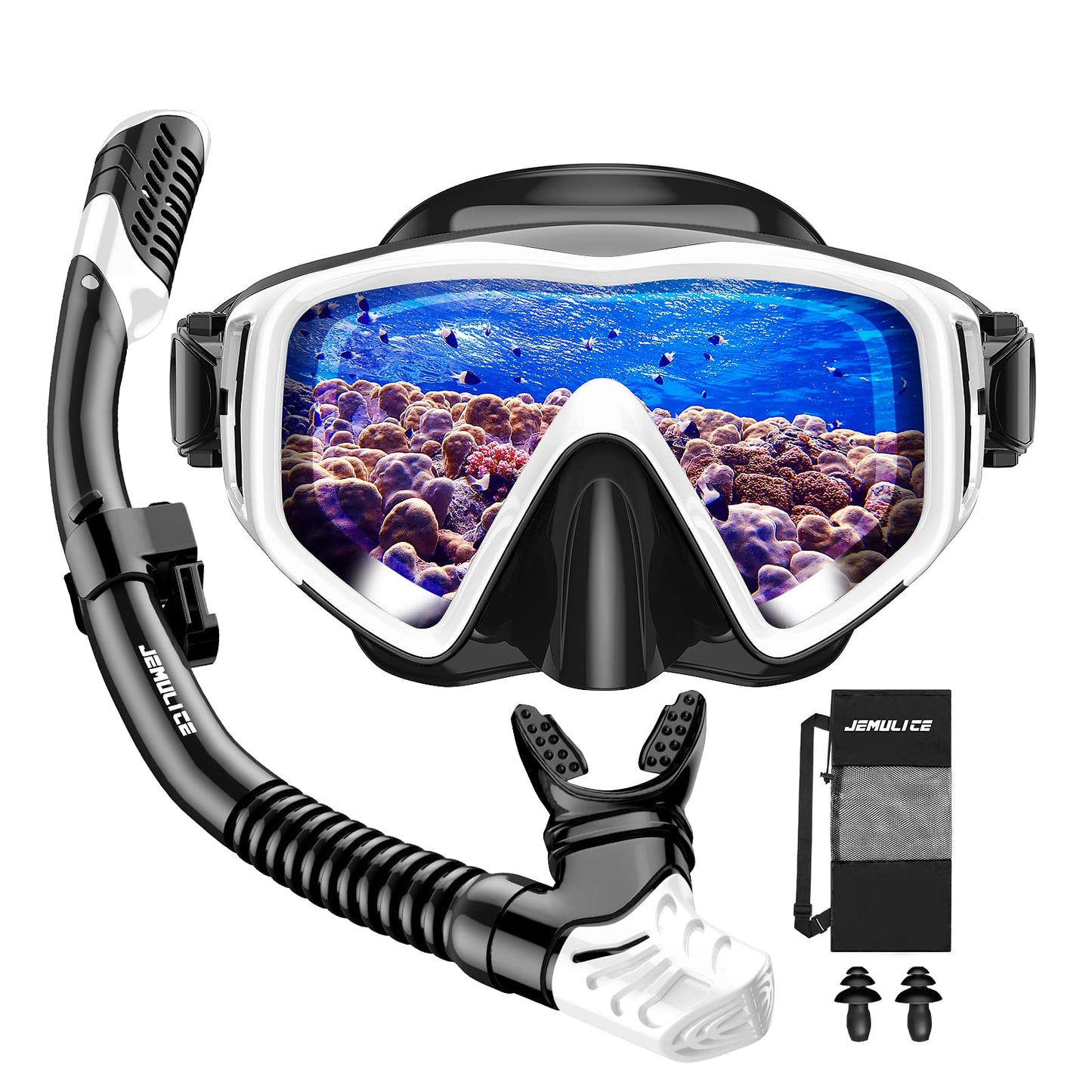 JEMULICE Schnorchelset Erwachsene, Schnorcheln Set mit Taucherbrille und Dry Schnorchel für Herren und Damen, Anti-Leck & Anti-Fog Tauchmaske aus Gehärtetem Glas für Tauchen, Schnorcheln und Schwimmen