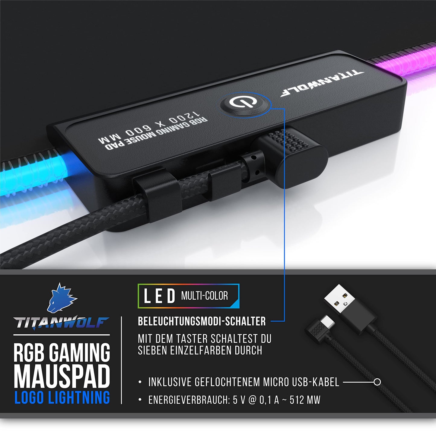 TITANWOLF - RGB Gaming Mauspad - LED Schreibtischunterlage - 800x300 mm - XXL Mousepad - LED Multi Color - 11 Beleuchtungs-Modi - 7 LED Farben Plus 4 Effektmodi - abwaschbar - Stars