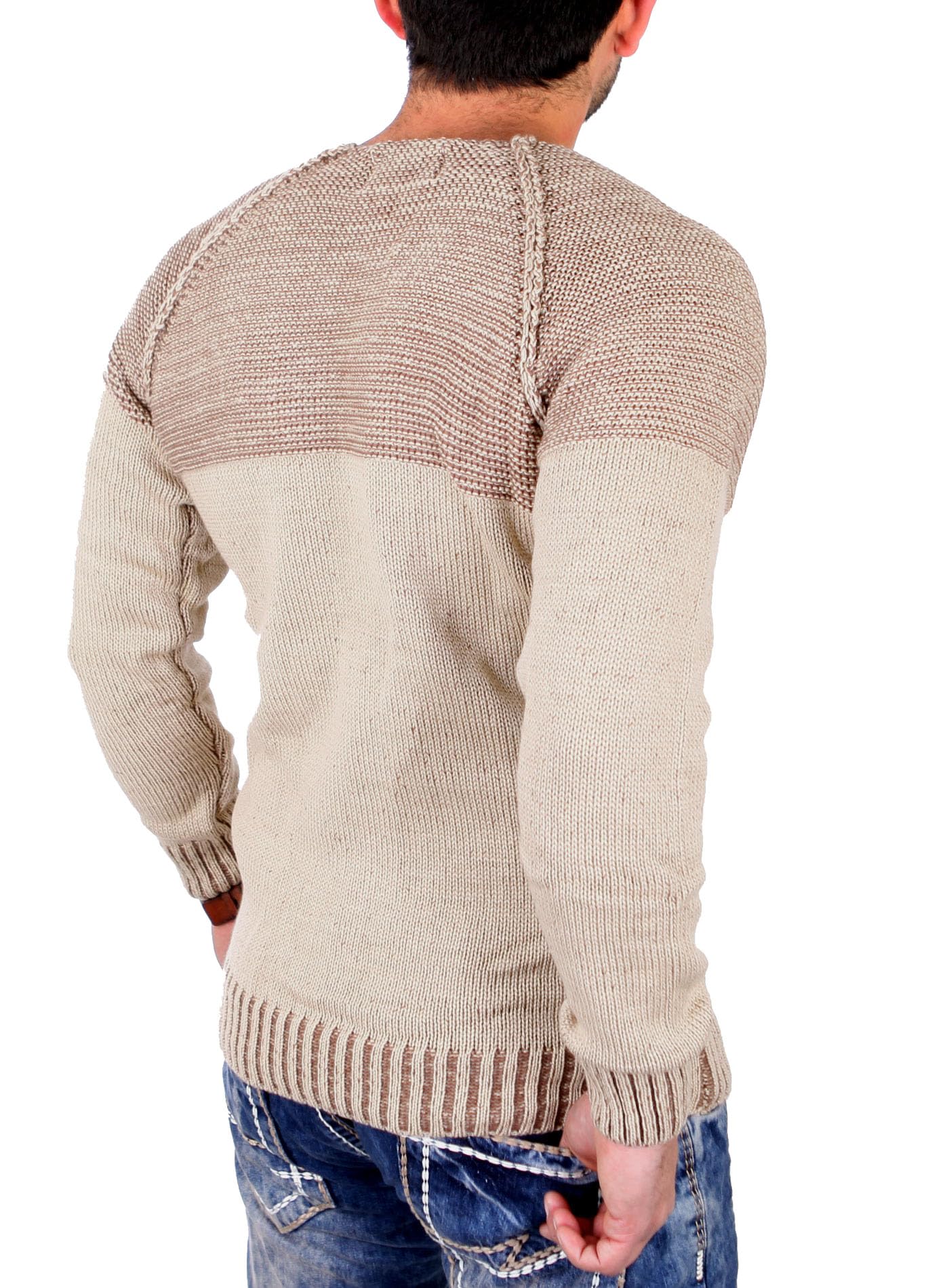 Reslad Men’s Two-Tone Chunky Knit Sweater – Slim Fit Crewneck Pullover