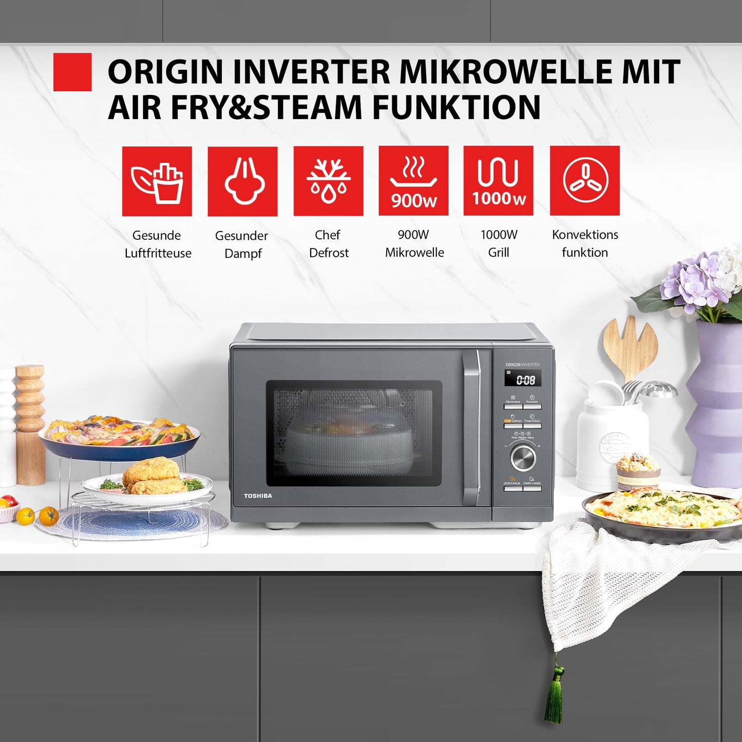 Toshiba MW2-MG20PF(BK)/GE Mikrowellenherd 800 W mit knuspriger Grill- & Kombigarfunktion, 5 Leistungsstufen, 1000 W Grillleistung, Schwarz