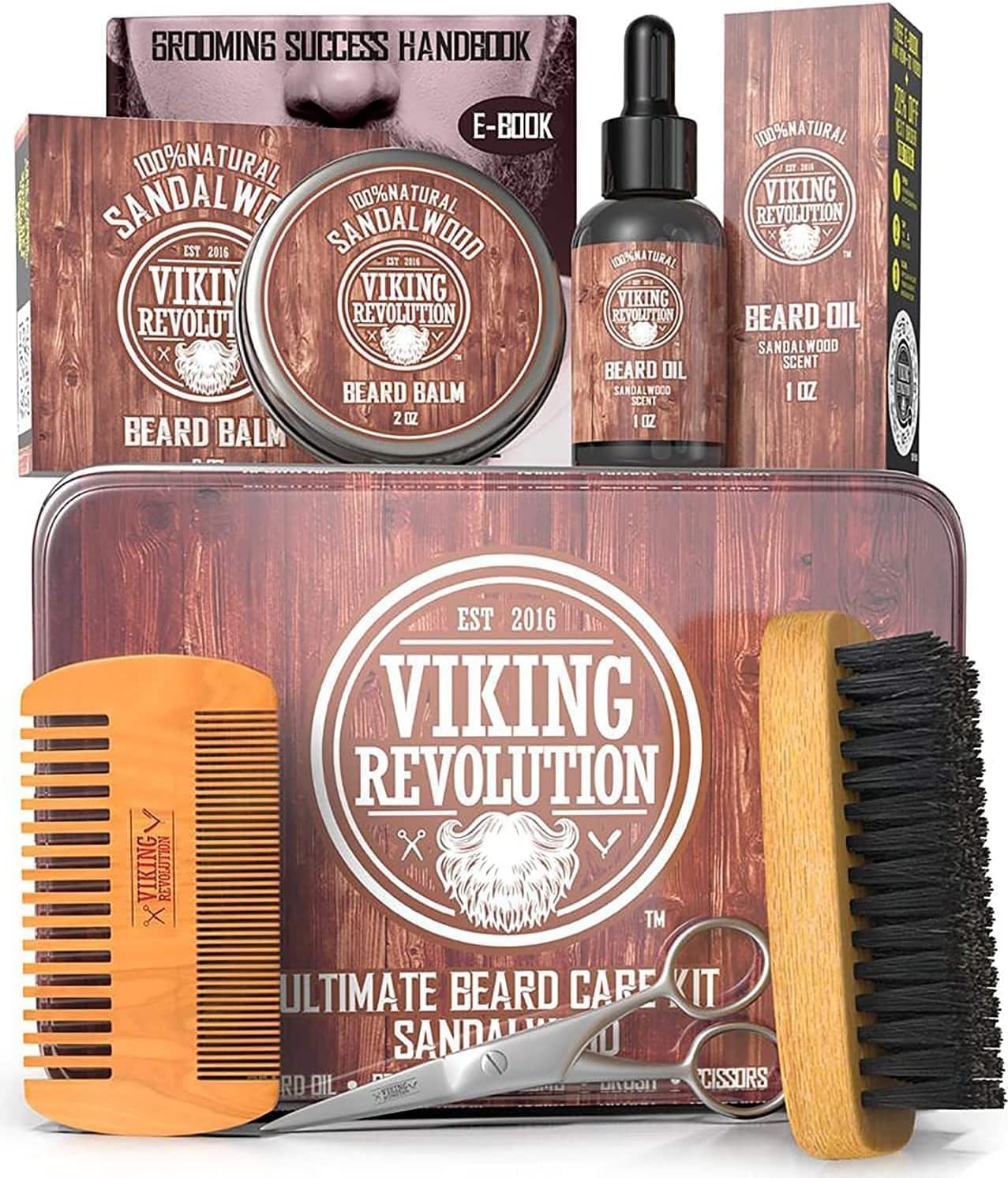Viking Revolution Bartpflegeset für Männer - Ultimatives mit 100% Wildschweinborsten Bartbürste, Bartkamm aus Holz, Bart Balsam, Bartöl, Schnurrbart- & Bartschere - Geschenke Für Männer - Sandelholz
