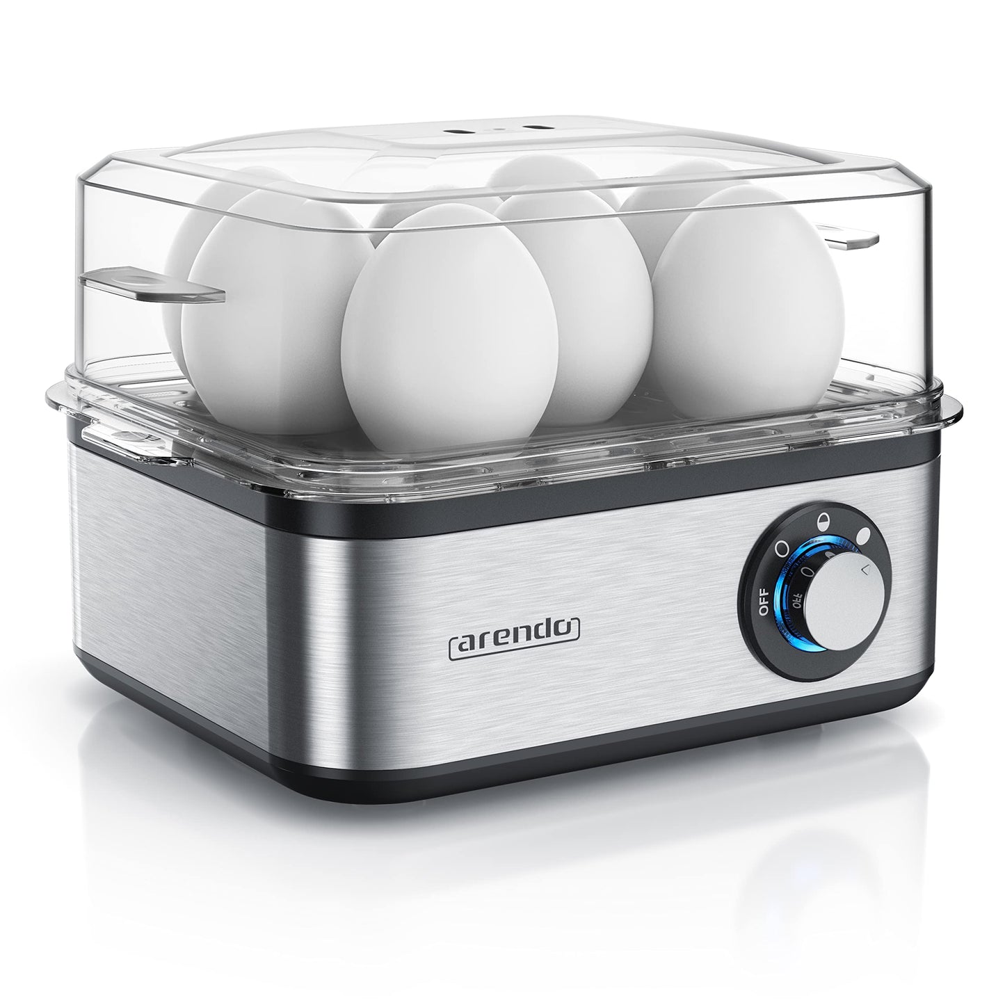 Arendo - Eierkocher Edelstahl für 1 bis 8 Eier - Egg Cooker - 500 W – Kontroll Leuchte – Drehregler für drei Härtegrade - spülmaschinengeeignet | Cool Grey