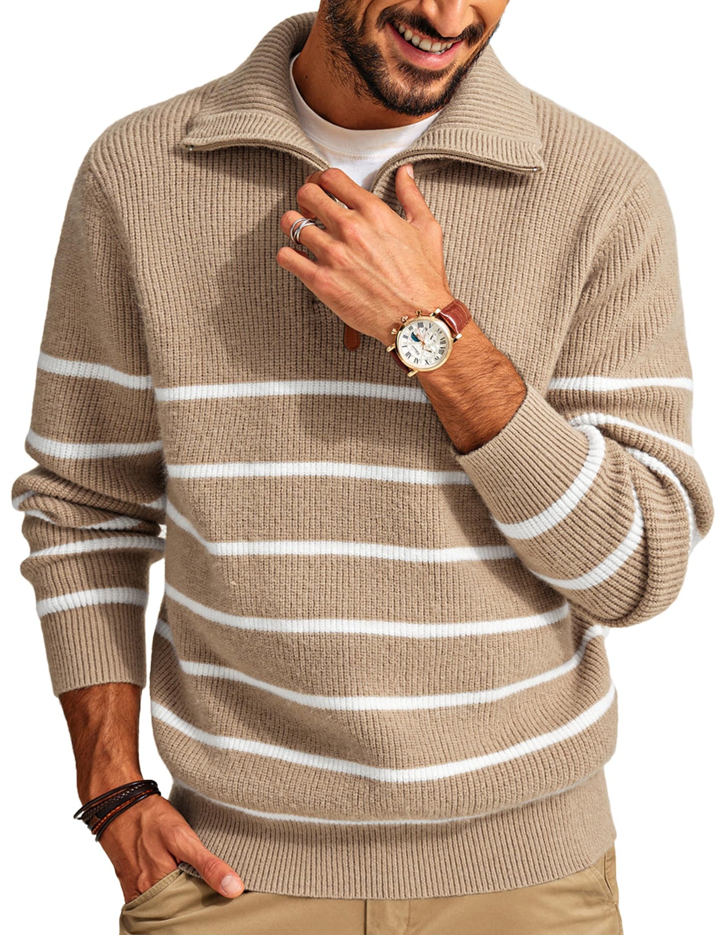 PJ PAUL JONES Men’s Quarter Zip Sweater – Striped Mock Neck Pullover