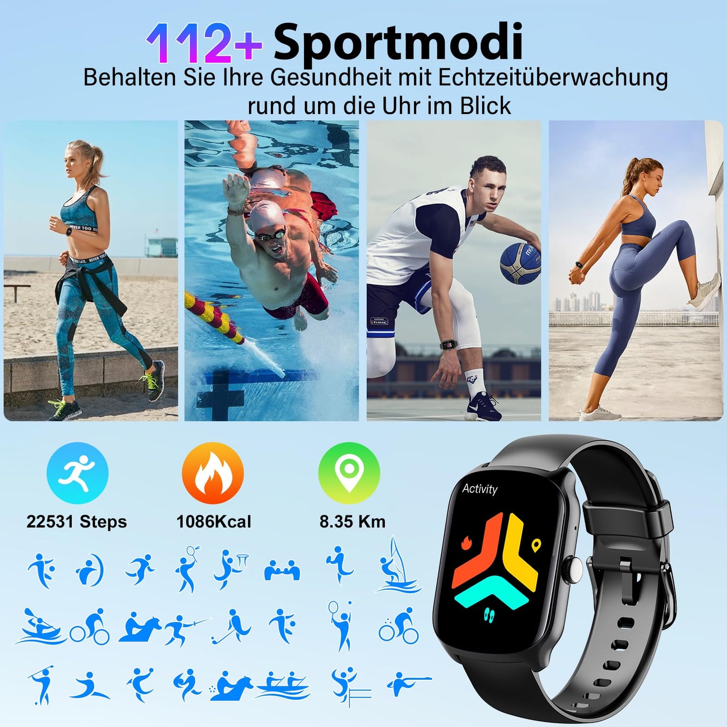 Smartwatch Herren Damen, 1,95" HD Gebogener Bildschirm Smart Watch, mit Bluetooth Anrufe, Pulsmesser/Schlafmonitor, 112+ Sportmodi Fitnessuhr, IP68 Wasserdicht Schrittzähler Sportuhr für Android iOS
