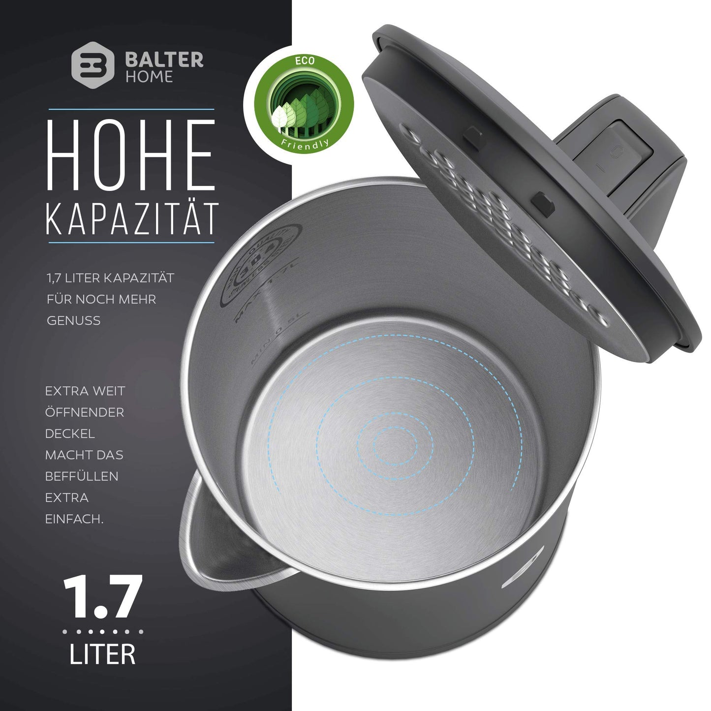 Balter Wasserkocher Edelstahl WK-4, 1,7 Liter, elektrischer Wasserkocher, Doppelwand Design, BPA frei, LED, Teekocher Kompakt, leise (Schwarz)