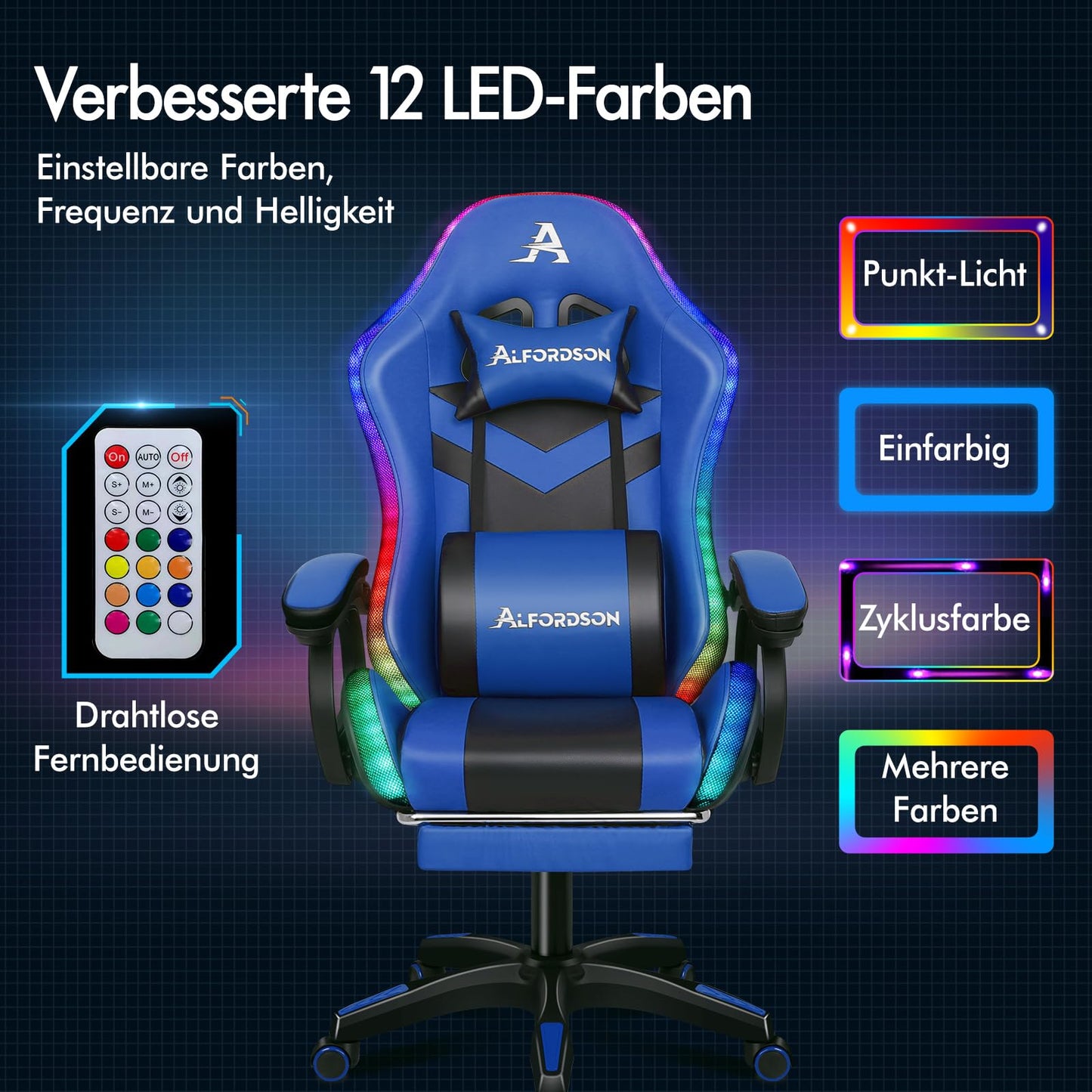 ALFORDSON Gaming Stuhl mit 8-Punkt Massage 12 Farben RGB LED-Licht, Bürostuhl Ergonomisch mit fußstützen, Kopfstütze Lendenkissen für Kinder Erwachsene, Schwarz