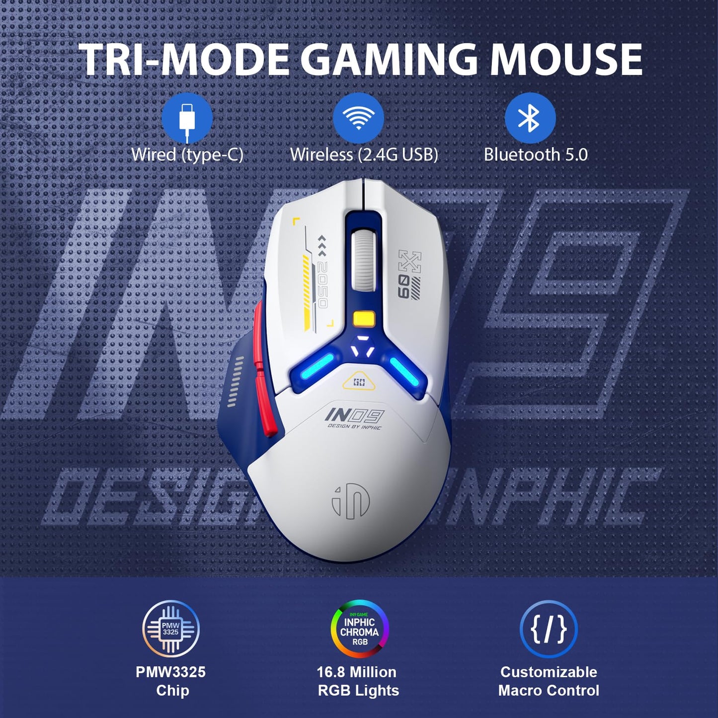 inphic IN9 Gaming Maus kabellos, echte Tri-Mode 2,4G Wireless/Type-C Wired/Bluetooth Maus, 10k DPl, vollständig programmierbar, RGB-Beleuchtung, Hyperspeed wiederaufladbare Funkmaus für Laptop PC