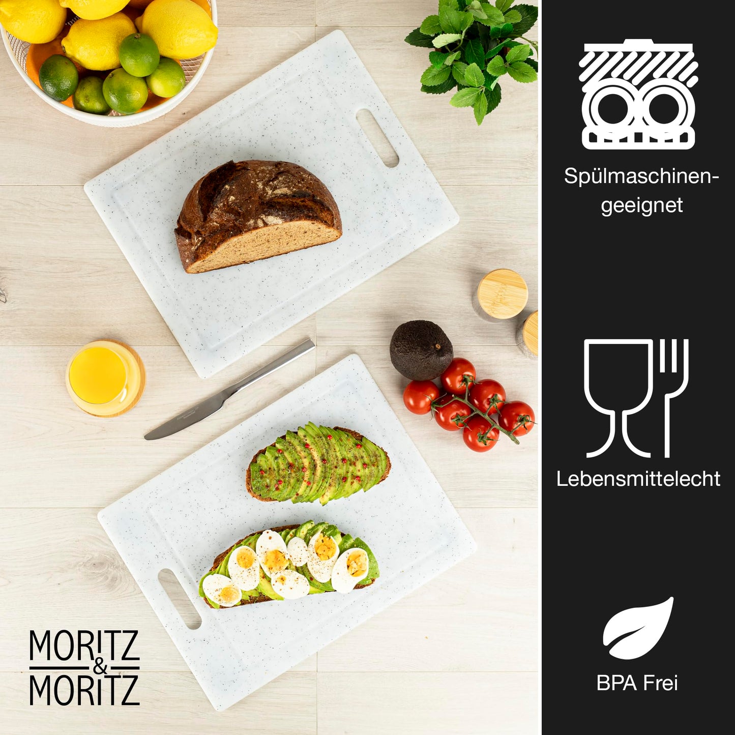 Moritz & Moritz 2x Schneidebrett Kunststoff Set in Granit Optik - 25 x 15 cm - Schneidebretter BPA frei - Frühstücksbrettchen - Schneidebrett Set hygienisch und spülmaschinenfest