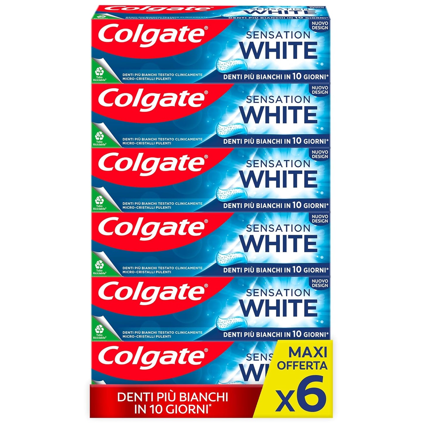 Zahnpasta Colgate Sensation White, 6 x 75 ml, Aufhellende Zahnpasta für die Zähne, klinisch getestete Aufhellung in 10 Tagen, weiße Zähne mit aktiven Mikrokristallen
