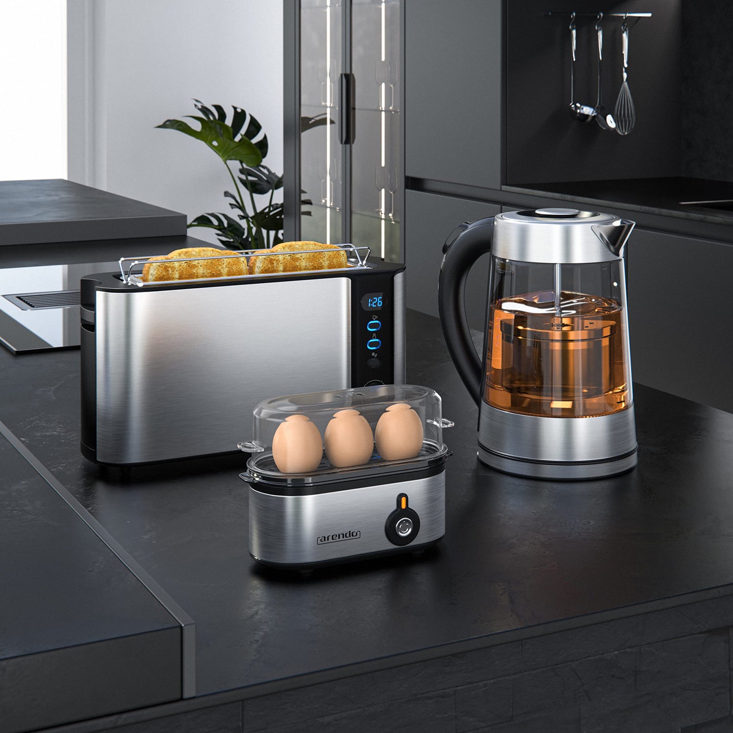 Arendo - Edelstahl Eierkocher Threecook - Egg Cooker - EIN AUS-Schalter - Wählbarer Härtegrad - 210 W - 1-3 Eier - GS - BPA-frei