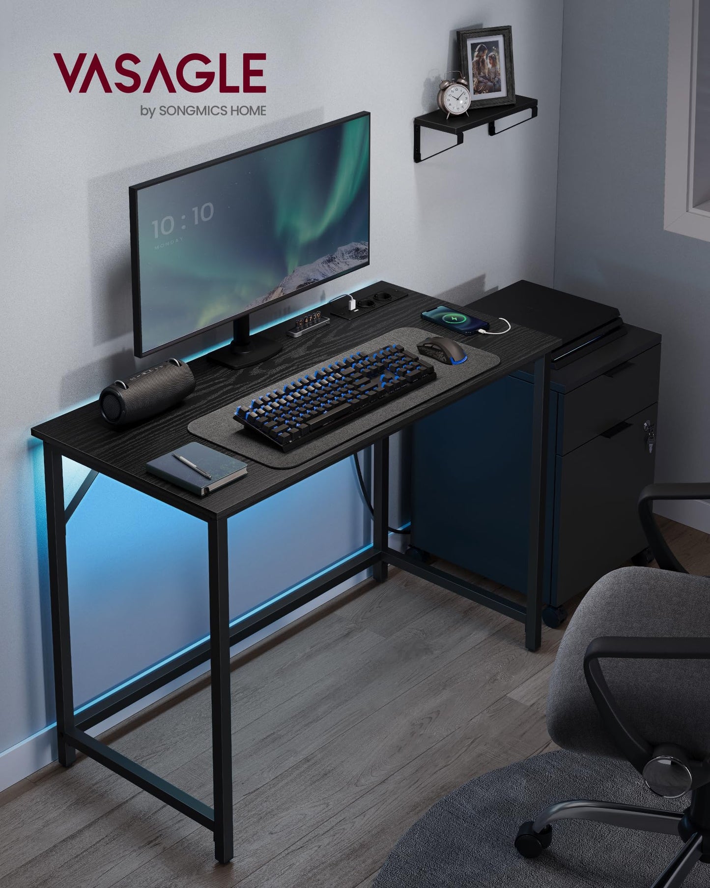 VASAGLE Schreibtisch, Gaming-Tisch mit LED-Beleuchtung, Steckdosenleiste, Computertisch, 50 x 100 x 76, platzsparend, für Arbeitszimmer, Homeoffice, vintagebraun-tintenschwarz LWD141B81