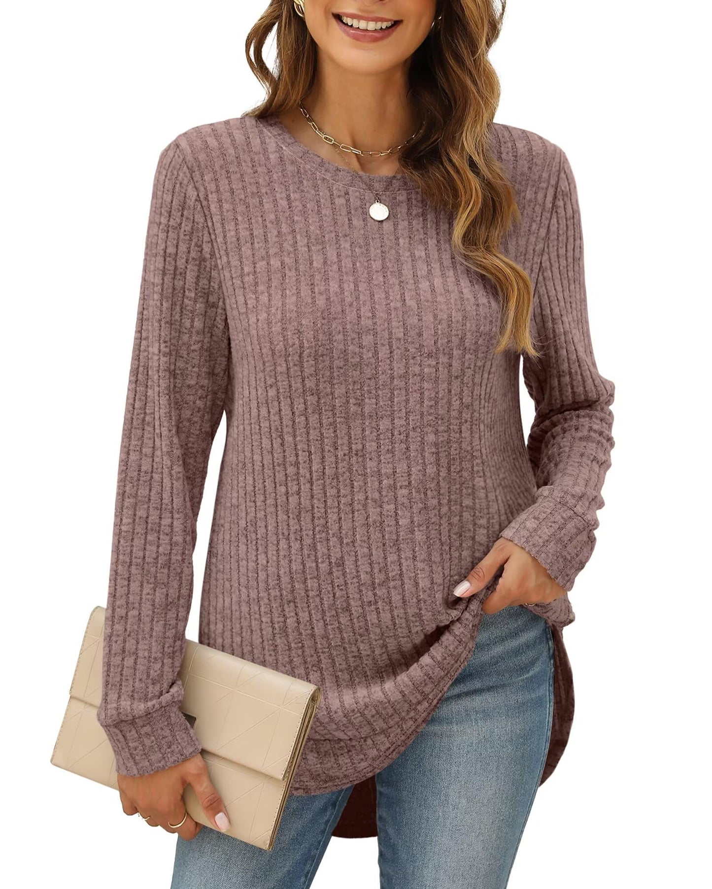 XIEERDUO Women's Pullover Sweater – Curved Hem Knit Sweatshirt