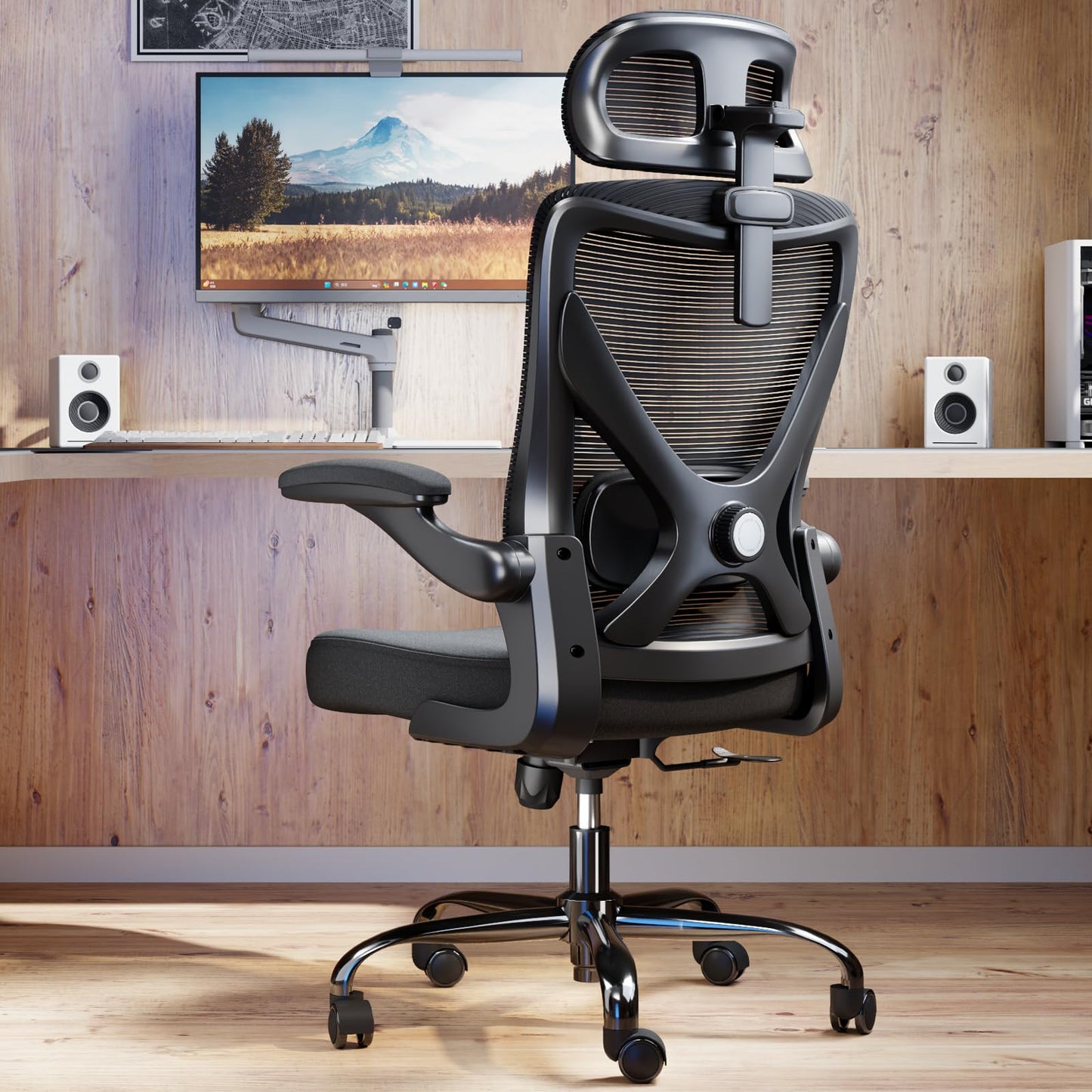 TRALT Ergonomischer Bürostuhl - X-förmiger bequemer Computer-Bürostuhl, Gaming-Stuhl, Bürostuhl mit Lendenwirbelstütze, Netz-Bürostuhl mit Kopfstütze (Grau-Silber)