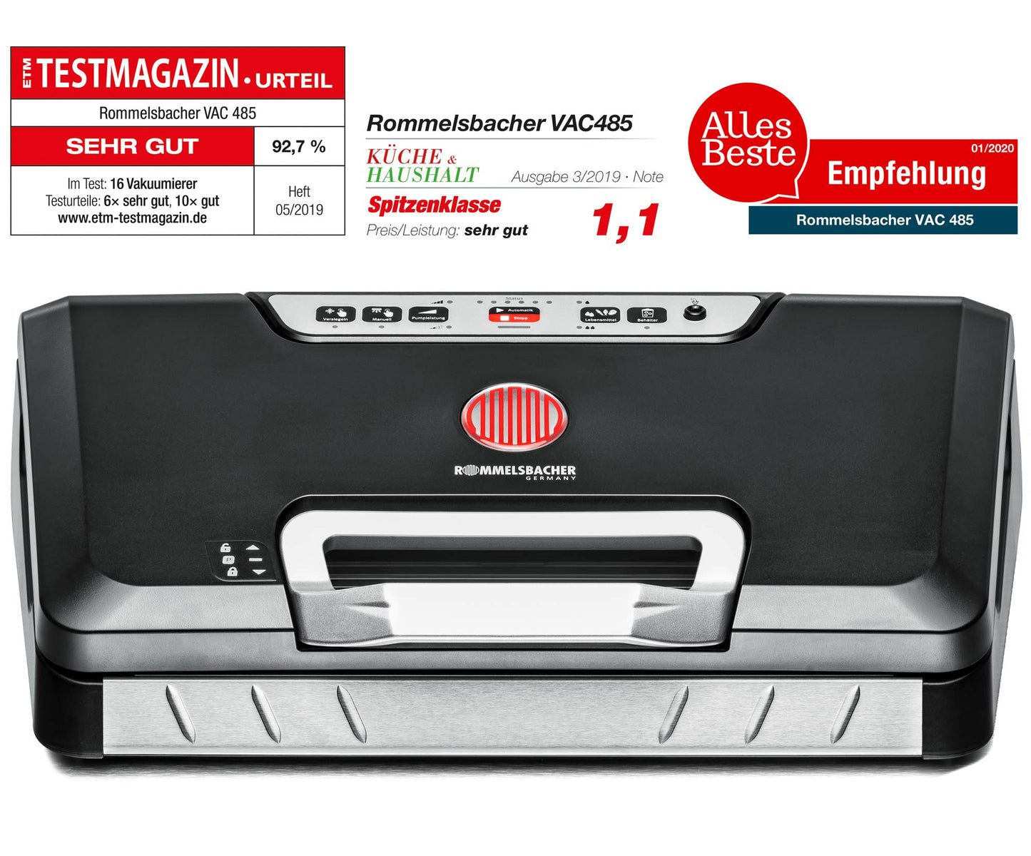 ROMMELSBACHER Vakuumierer VAC 485 - Absaugleistung 15 Liter/Min., Einhand-Bedienung, für Langzeitbetrieb geeignet, Doppel-Versiegelungsnaht, 2 Versiegelungszeiten, für Folien bis 30 cm Breite