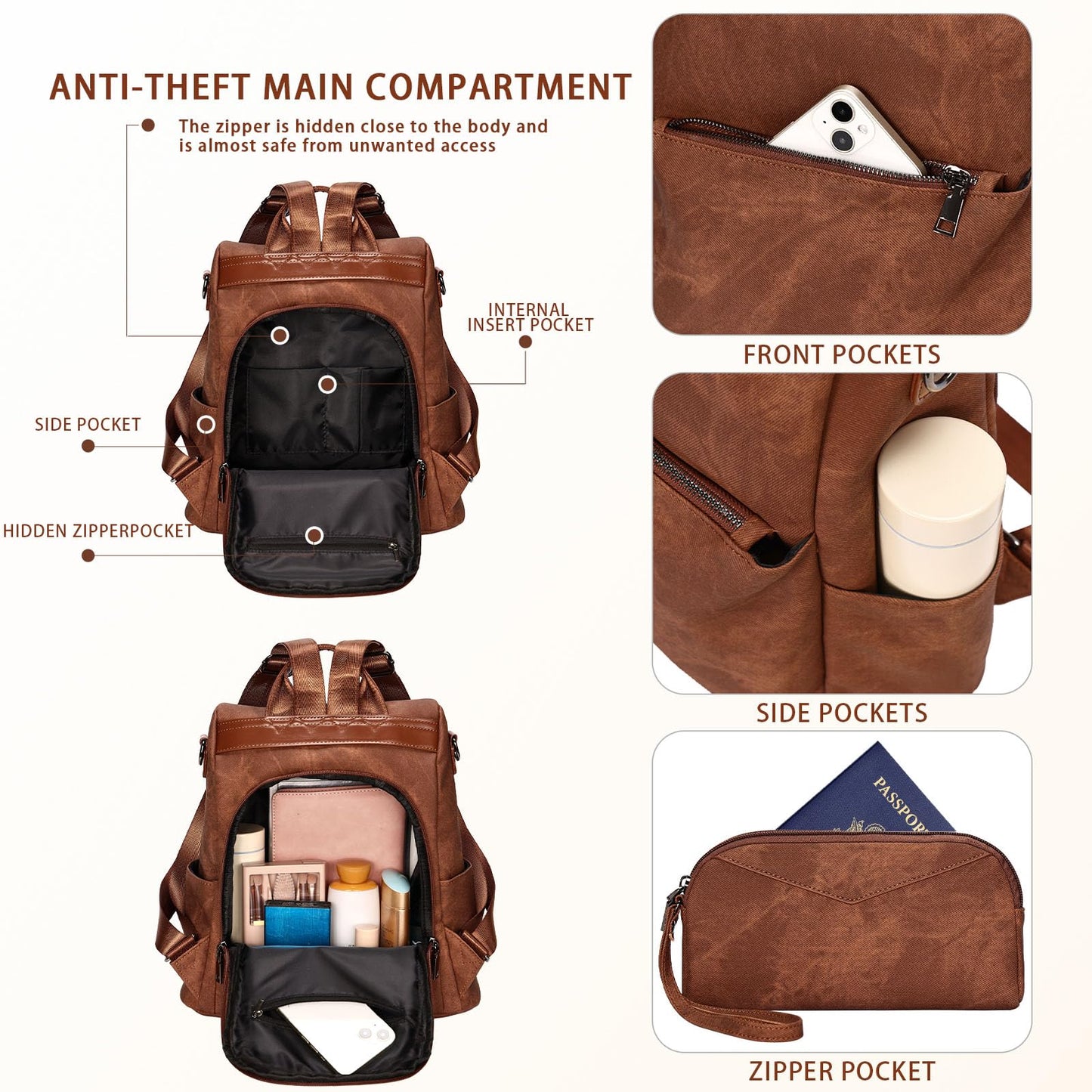 Small Vegan Leather Anti-Theft Backpack for Women