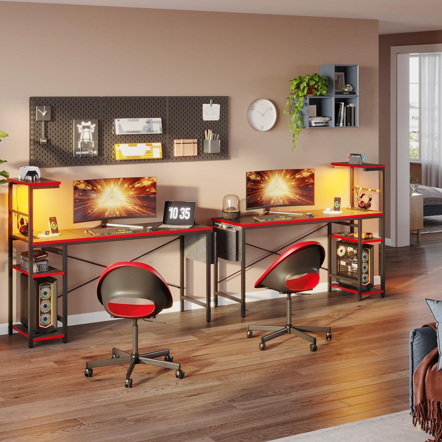 Bestier 113CM Eck-Computertisch mit Steckdosen Computertisch mit LED-Leuchten Umkehrbarer Schreibtisch mit Seitentasche Aufbewahrungstasche & Zubehöraufhänger für Home Office Small Space Weiß