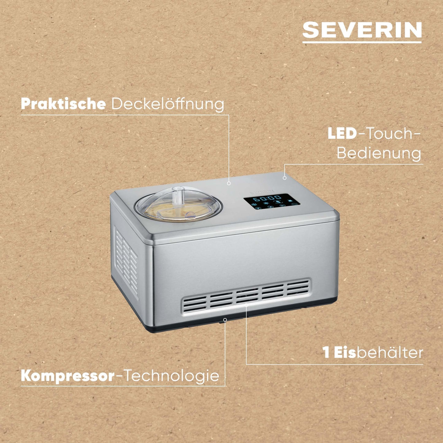 SEVERIN 2-in-1 Eismaschine mit Joghurtfunktion, Eismaschine mit Kompressor für Eis, Sorbet und Frozen Joghurt, Joghurtbereiter mit "warm & cold"-Funktion, Edelstahl-gebürstet, EZ 7405