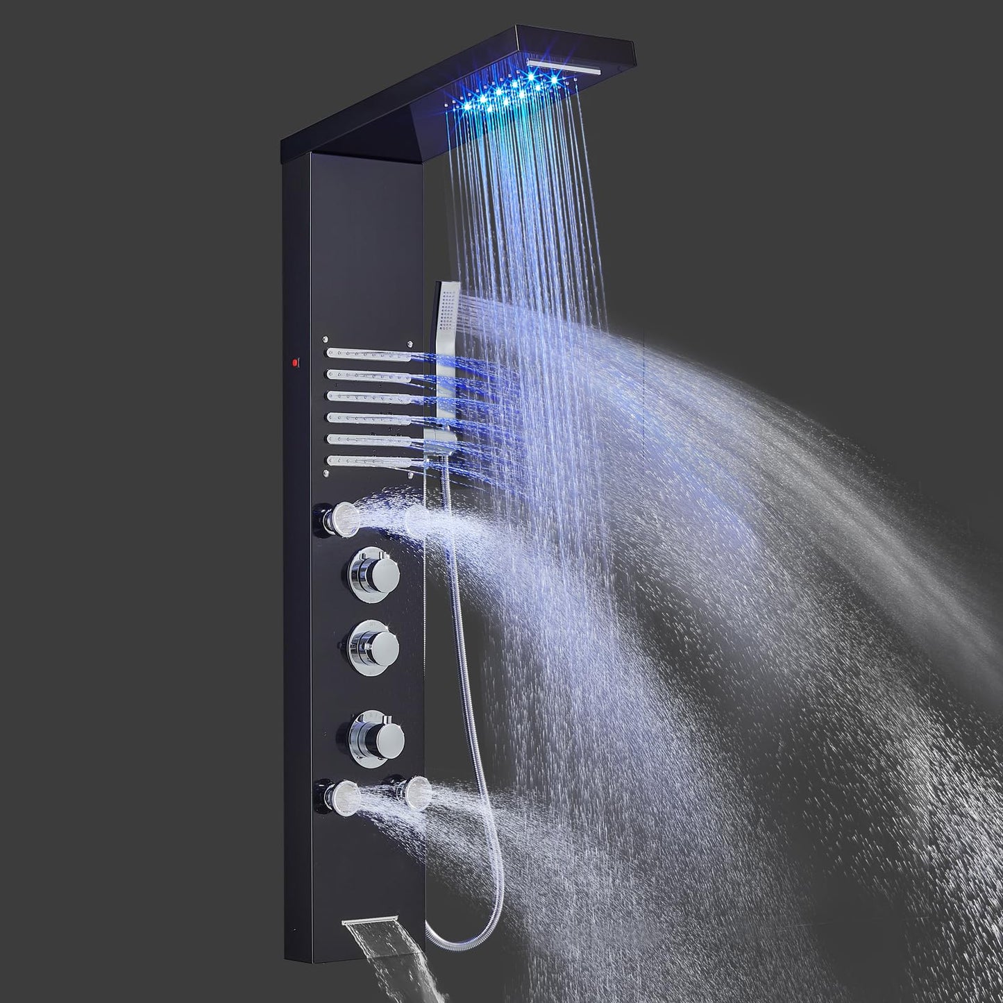 LED Duschpaneel mit Thermostat, OUGOO 6 Funktionen Duschpaneel mit Armatur, Regendusche, Wasserfalldusche, 2-Typ-Massagedüsen, Handbrause und Badewanneneinlauf, 304 Edelstahl, Schwarz