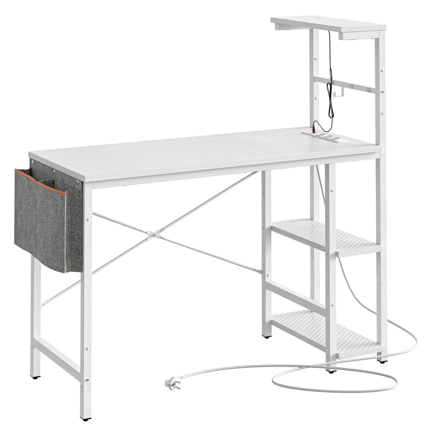 Bestier 113CM Eck-Computertisch mit Steckdosen Computertisch mit LED-Leuchten Umkehrbarer Schreibtisch mit Seitentasche Aufbewahrungstasche & Zubehöraufhänger für Home Office Small Space Weiß