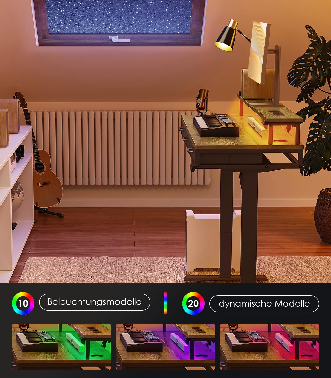 OffiGo Elektrischer Schreibtisch mit Schubladen, 120cm Höhenverstellbarer Schreibtisch mit Monitorständer, Gaming Tisch mit Steckdosen und Lichtleiste, Tisch Höhenverstellbar Bürotisch, Weiß