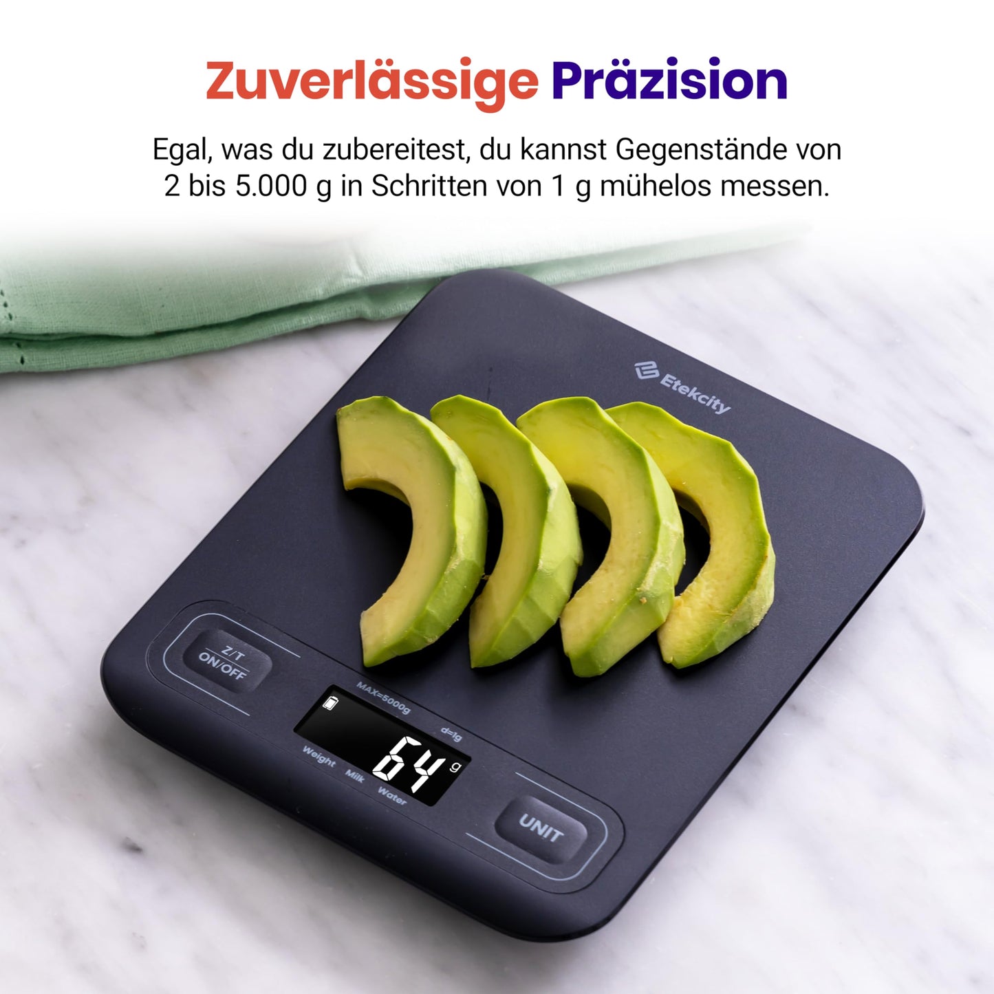 ETEKCITY Küchenwaage, digital 5KG mit großem LCD-Display,Digitalwaage, Briefwaage mit Großer Edelstahl Wiegefläche, Flüssigkeitsmessung, hohe Präzision auf bis zu 1g, Tara-Funktion, Silber