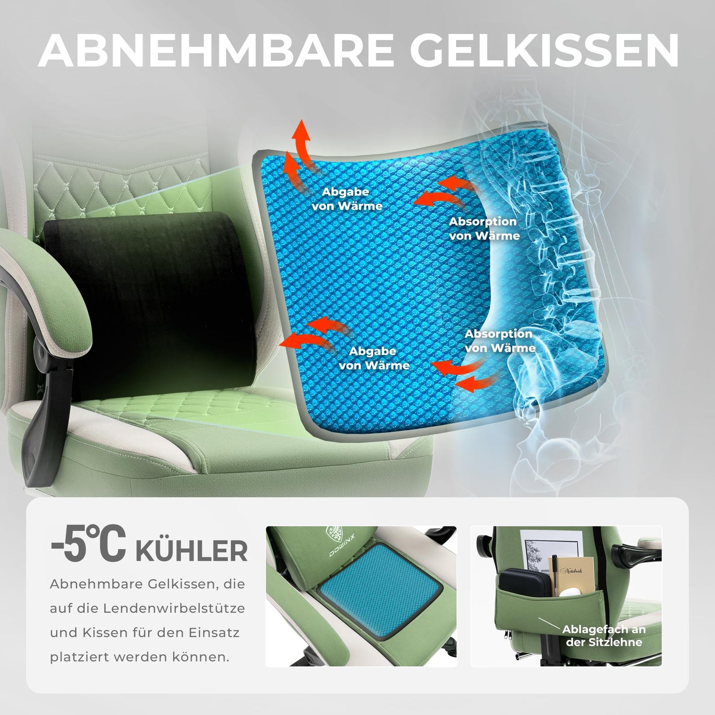 Dowinx Gaming Chair Fabric with Gel Pad, Massage Gaming Chair with Footrest, Ergonomic PC Chair, Gamer Chair with Storage Bag, Office Chair, 150 kg Load Capacity, Grey