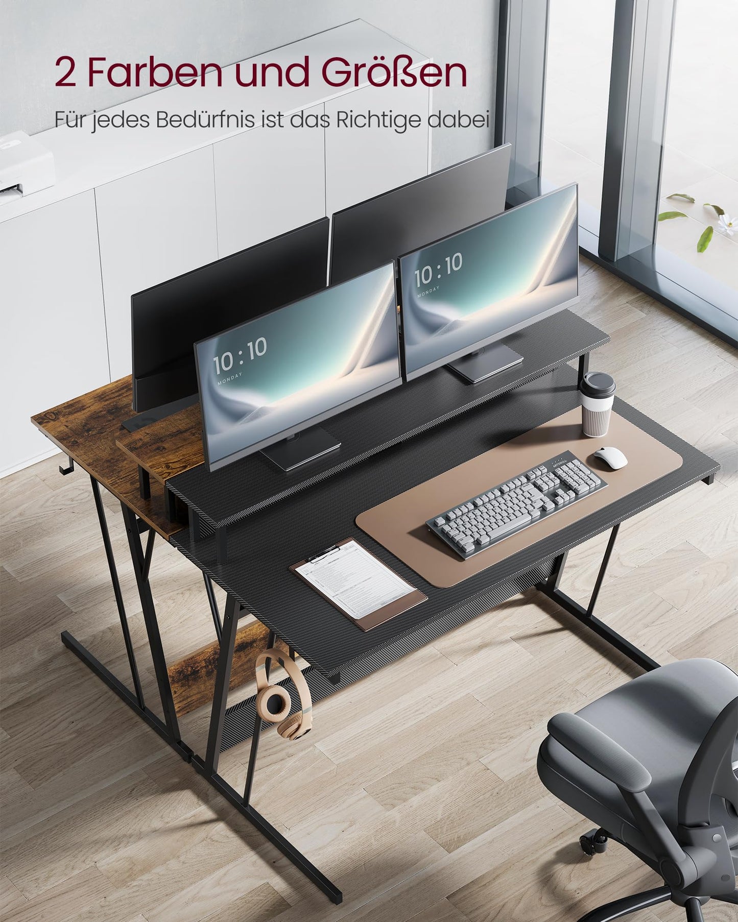 VASAGLE Schreibtisch, Gaming Tisch mit eingebauter Steckdosenleiste, Computertisch, mit Monitorständer für 2 Monitore, Schlafzimmer, 60 x 120 x 76 cm, rußschwarz LWD192B02