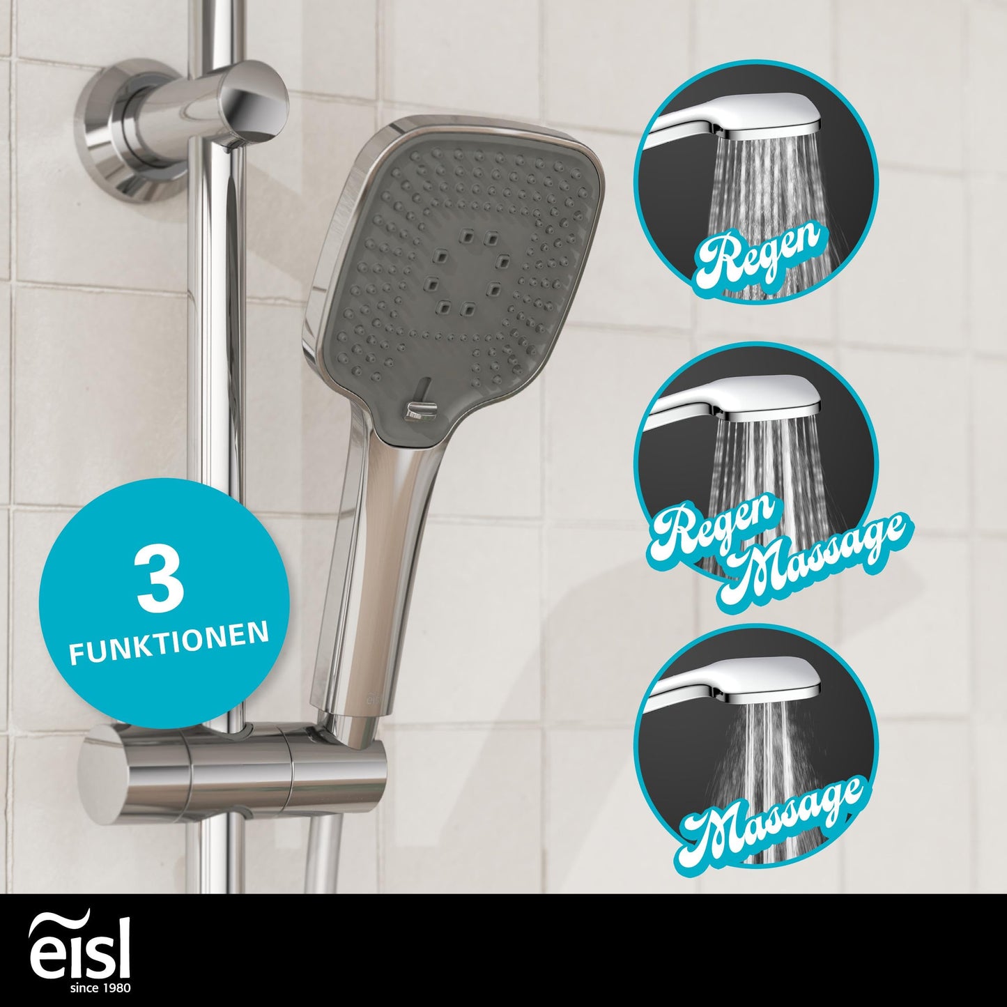 EISL Duschset EASY FRESH, Duschsystem ohne Armatur 2 in 1 mit großer Regendusche (250 x 200 mm) und Handbrause, Regendusche ohne Armatur ideal zum Nachrüsten, komplettes Montageset, Chrom DX12006