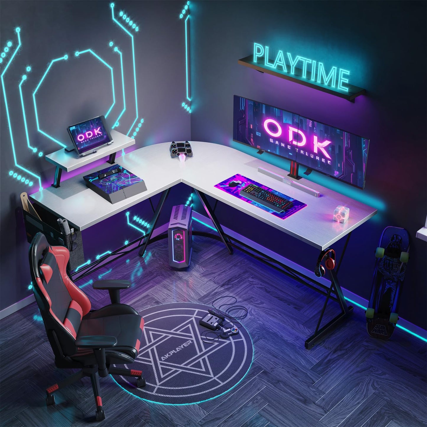 ODK Gaming Tisch, Gaming Schreibtisch Eckschreibtisch für Gamer, Schreibtisch L Form mit Monitorständer für Büro (Schwarz, 127 x 127 cm)