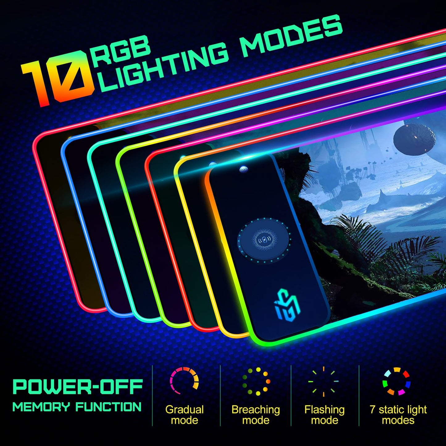 RGB Gaming Mauspad 15W Qi Mousepad LED, 10 Beleuchtungsmodi mit 15W Schnellladung Qi Kabelloses Laden für I-Phone Handy, Kopfhörer, Wasserdicht, rutschfest für Gaming, Schreibtische, PC und Büro