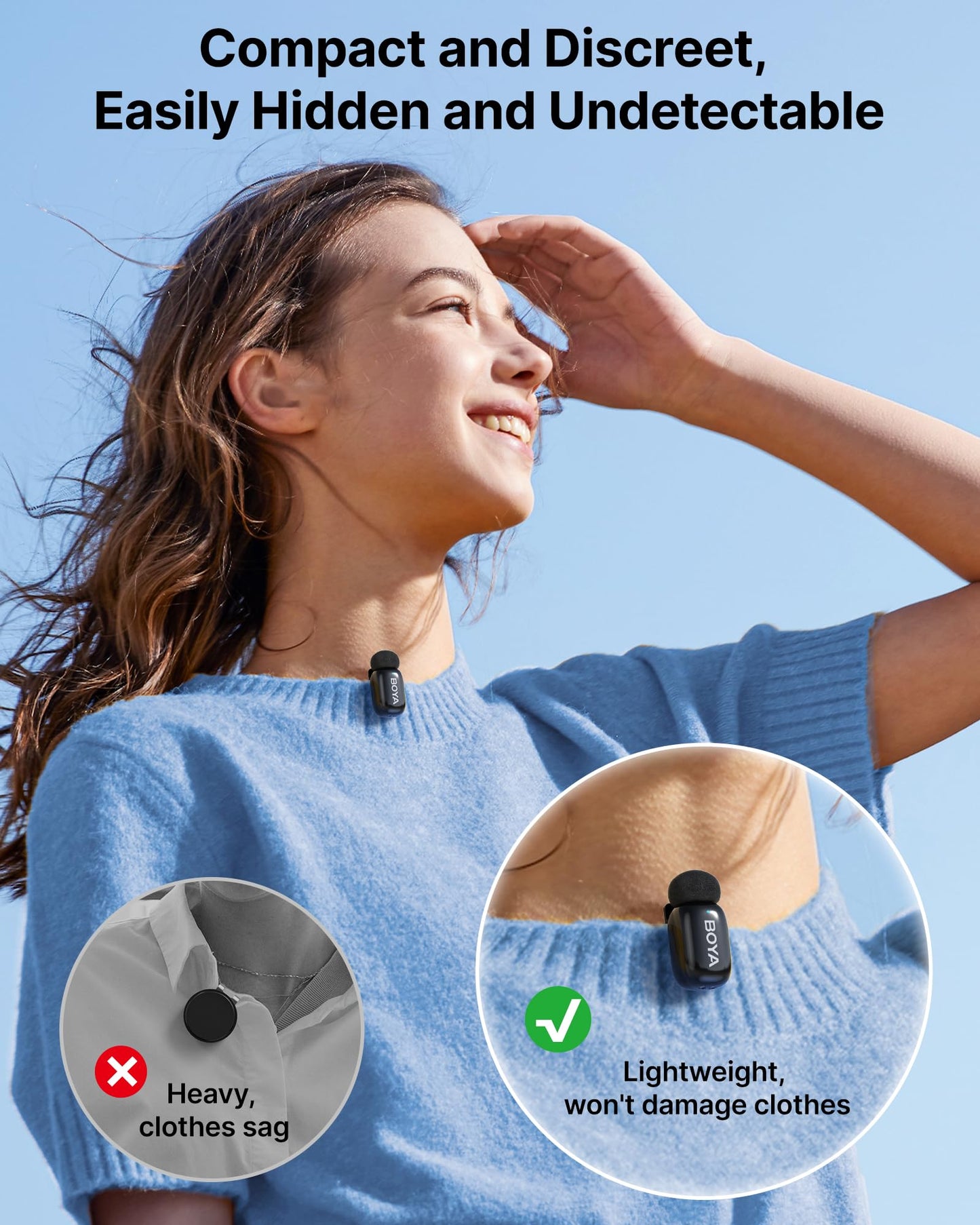 Boya Mini Wireless Lavalier-Mikrofon für Lightning/Type-C, Ultra-Mini-Mikrofon mit AI Voice Change, Rauschunterdrückung und Ladekoffer, Metall-Clip auf Mikrofon Vlogging TikTok YouTube