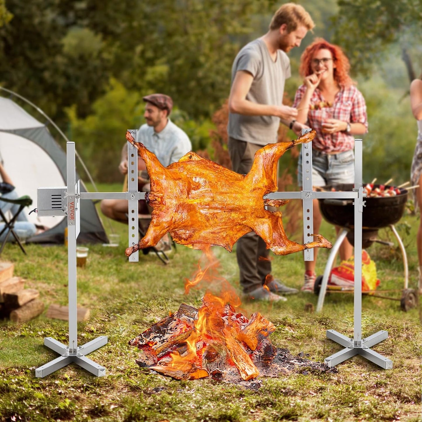 VEVOR Lammgrill, Spanferkelgrill, Spießbratengrill, 60 kg BBQ-Spießgrill für Schwein, Lamm, Ziege, elektrischer 52-W-Motor, kommerzielle Edelstahl-Drehspießröster mit Hitzeschild, 116 cm Spießlänge