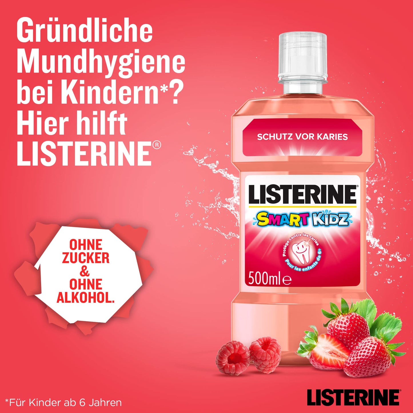LISTERINE Smart Kidz Mild Berry (500 ml), antibakterielle Kinder Mundspülung ohne Alkohol & ohne Zucker, Mundwasser schützt vor Karies, geeignet für Kinder ab 6 Jahren