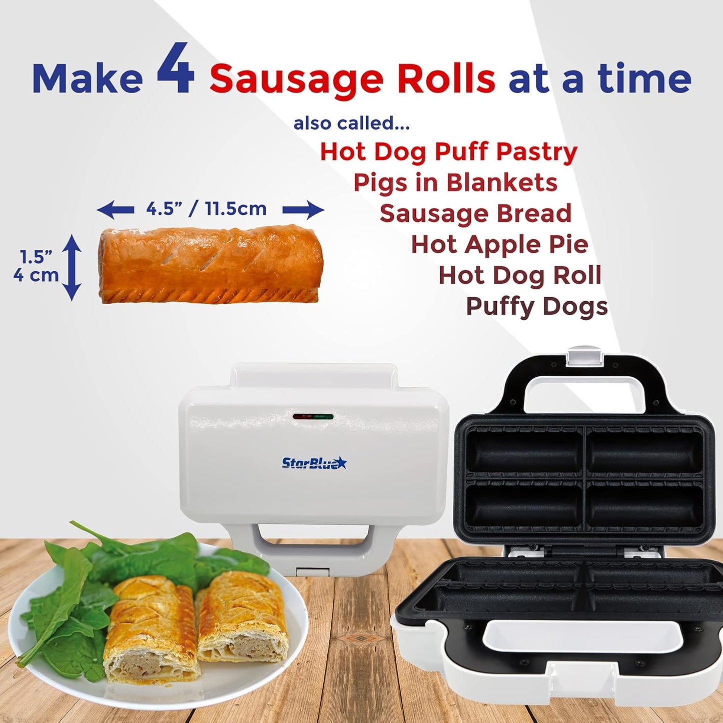 Wurstrollenformer von StarBlue mit GRATIS Rezept-eBook – Machen Sie 4 schnelle und leckere Frühstückswurstbrötchen und Snacks in Minuten, 220-240 V, 50/60 Hz, 850 W UK Stecker mit EU Adapter