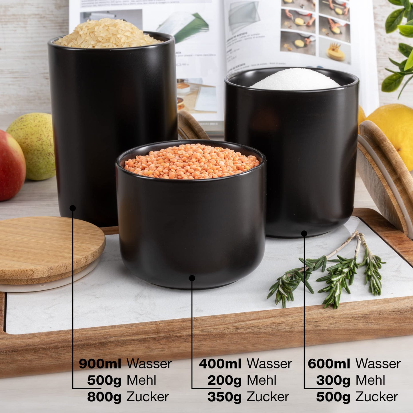 Moritz & Moritz 3x Vorratsdosen Schwarz 400ml, 600ml & 900 ml - Beschreibbar – 3x Keksdosen Keramik mit Deckel aus Bambus – Keramik Aufbewahrungsdose
