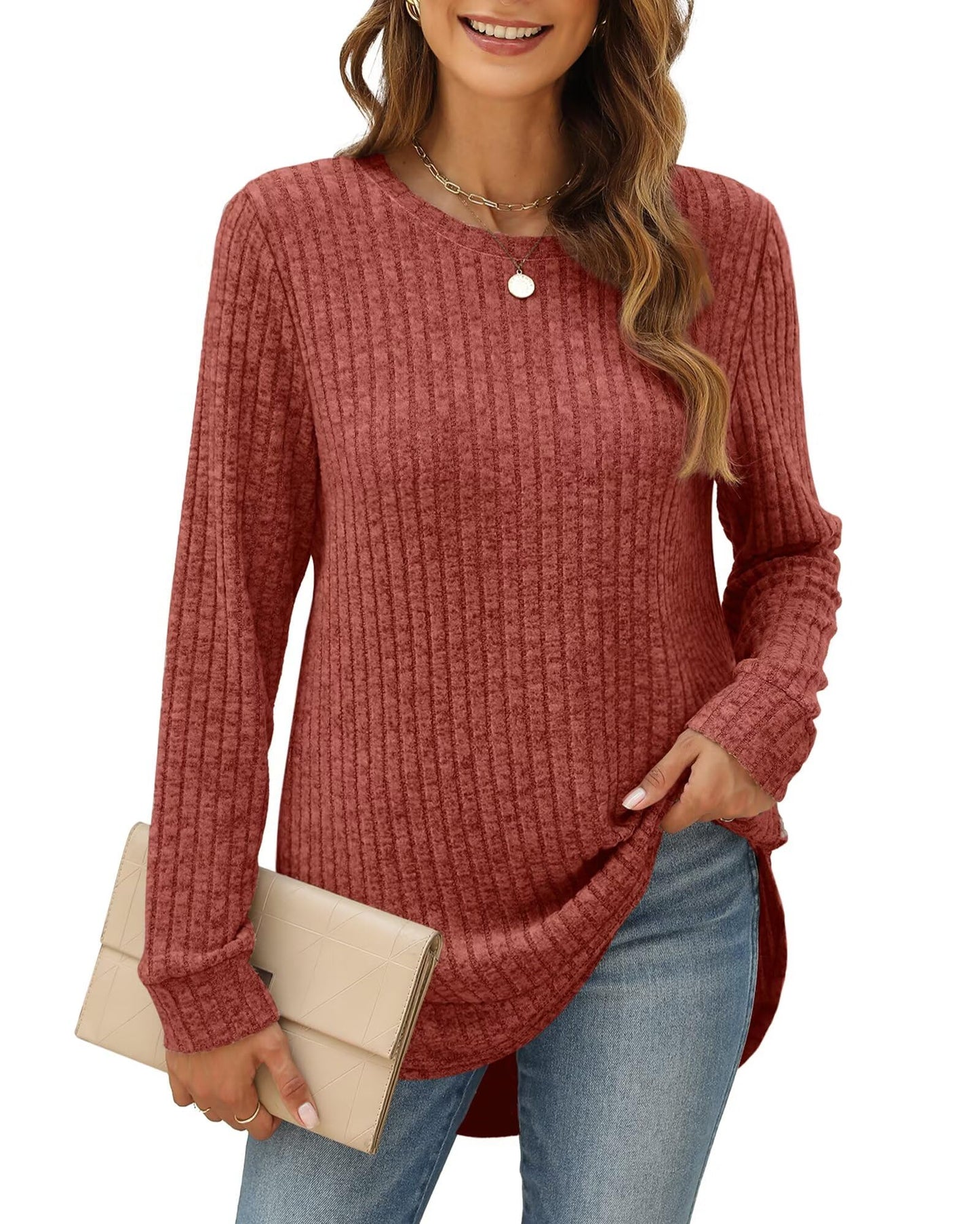 XIEERDUO Women's Pullover Sweater – Curved Hem Knit Sweatshirt