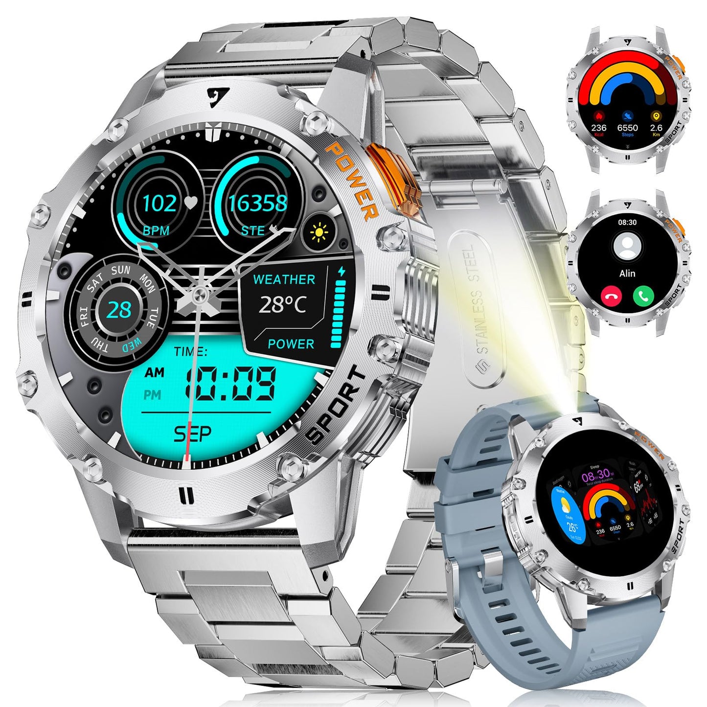 LIGE Smartwatch Herren Militär,Taschenlampe/1.43" AMOLED Sportuhr mit 500 mAh Akku/Telefonfunktion, 110+Sportmodi, IP68 Wasserdicht Smartwatch mit Herzfrequenz/Schlafmonitor für Android iOS,Schwarz