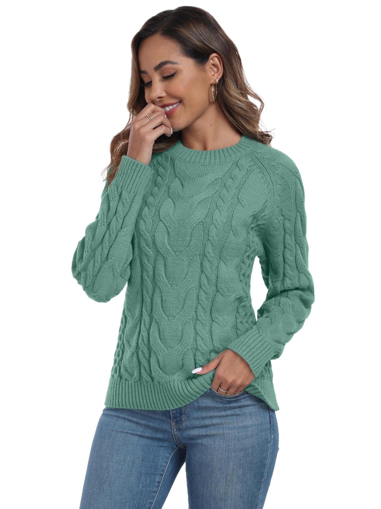 QIXING Women's Cable Knit Sweater – Elegant Long Sleeve Round Neck Winter Pullover