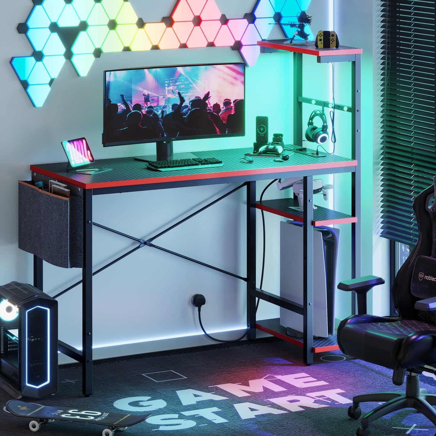 Bestier 113CM Eck-Computertisch mit Steckdosen Computertisch mit LED-Leuchten Umkehrbarer Schreibtisch mit Seitentasche Aufbewahrungstasche & Zubehöraufhänger für Home Office Small Space Weiß