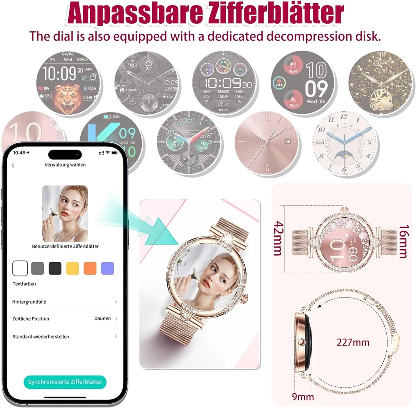 Smartwatch Damen mit Telefonfunktion 1.19" AMOLED Touchscreen IP68 Diamond Smart Watch mit Blutdruckmessung Pulsmesser Schlafmonitor SpO2 Menstruationszyklus für iOS Android (Rosegold)