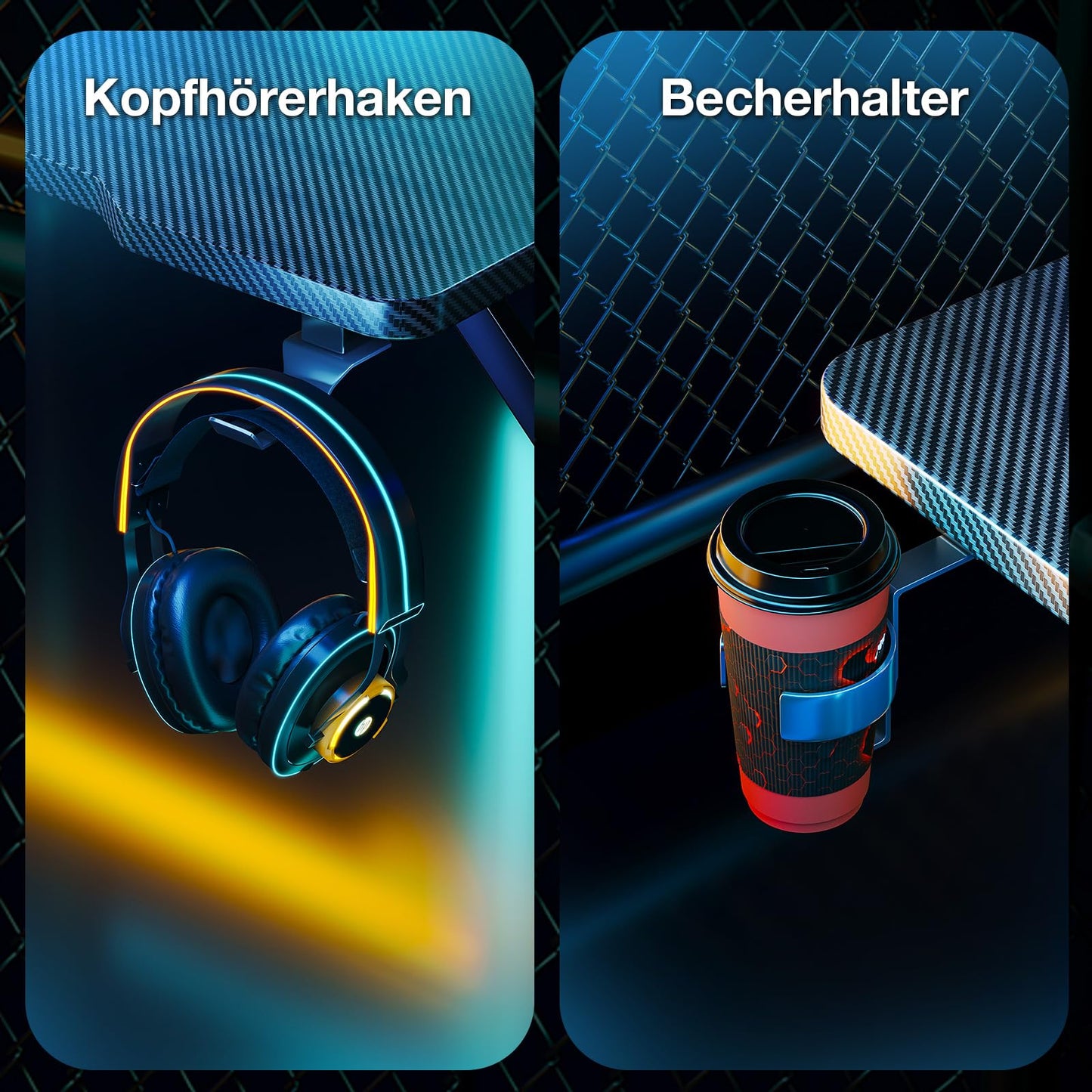 ODK Gaming Tisch, Kleiner Gaming Schreibtisch mit LED Beleuchtung & Steckdosen, Computertisch mit Monitorablage, Carbon Fiber Schwarz PC Gamer Tisch 100cm