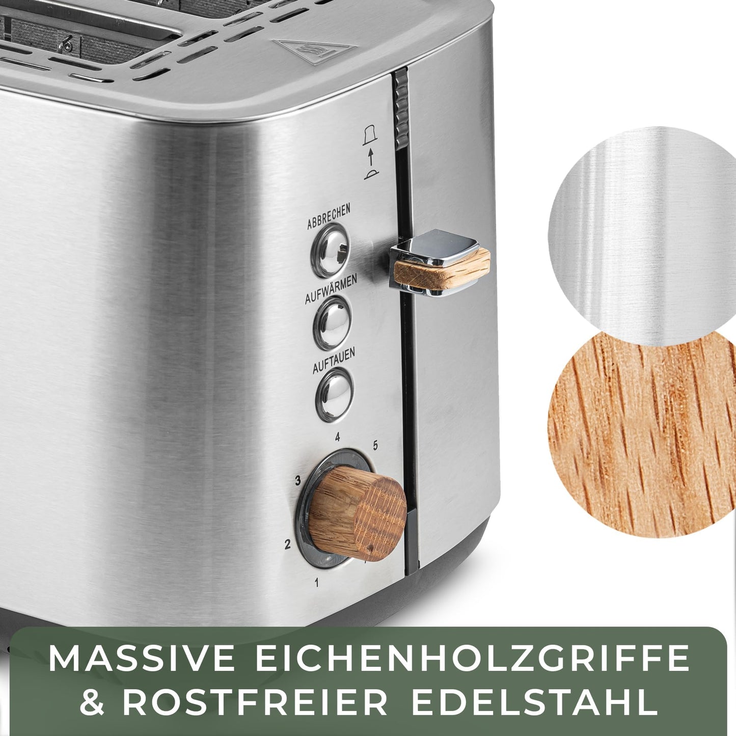 WALDWERK Design Toaster - Made of 304 Stainless Steel and Oak Wood - for 2 Slices - with Bun Attachment - with Extra Wide and Deep Toast Chambers - with Crumb Drawer