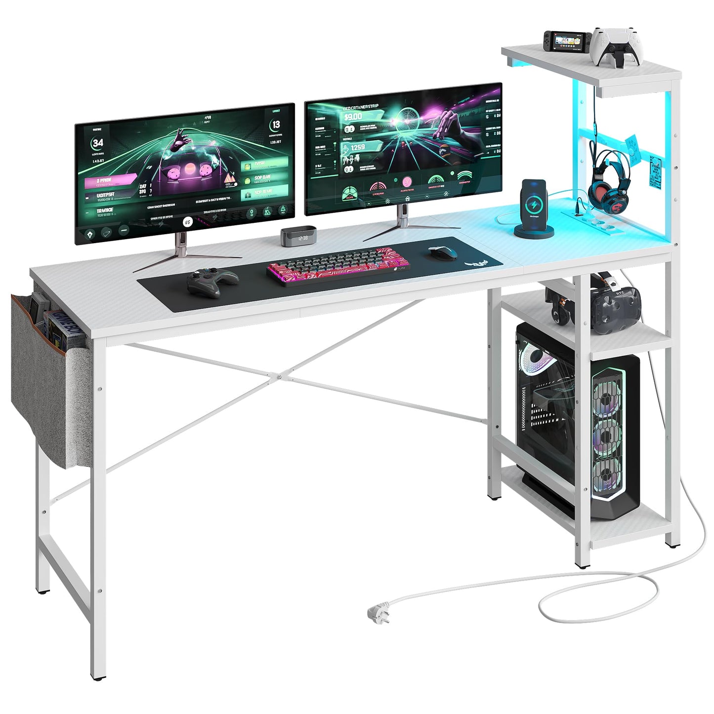 Bestier 113CM Eck-Computertisch mit Steckdosen Computertisch mit LED-Leuchten Umkehrbarer Schreibtisch mit Seitentasche Aufbewahrungstasche & Zubehöraufhänger für Home Office Small Space Weiß