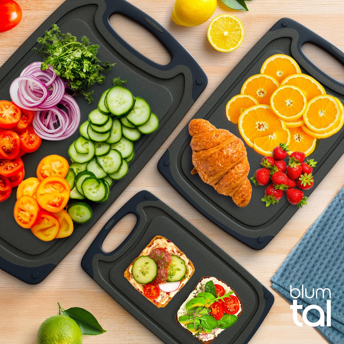 Blumtal Schneidebrett Set mit 3 Größen (S/M/L) - Schneidebrett Kunststoff groß + Saftrillen & Griff - Cutting Board - Küchenbrett BPA frei - Schneidbrett Spülmaschinenfest - Schneidebretter Grau