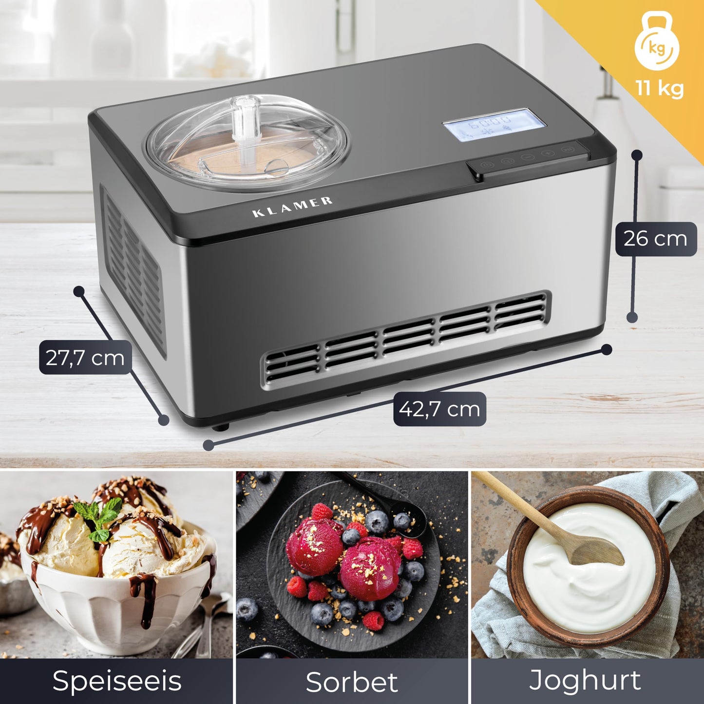 KLAMER 2-in-1 Ice Cream Maker & Yoghurt Maker 2 L, 180 W Stainless Steel Ice Cream Machine with Cooling and Heating Function, Homemade Ice Cream with Self-Cooling Compressor