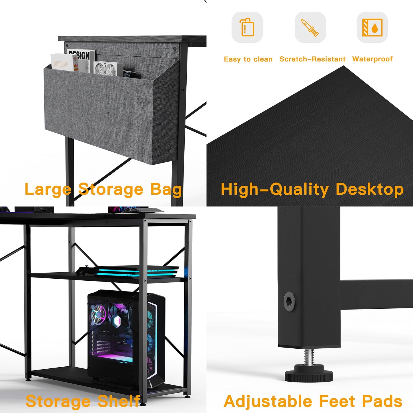 BEXEVUE L-förmiger Schreibtisch – 100x70 cm Gaming Tisch mit Ablagefächer, Umkehrbarer PC Ecktisch Computertisch, Corner Gaming Tisch für Studium Arbeit Zuhause Schlafzimmer, Schwarz
