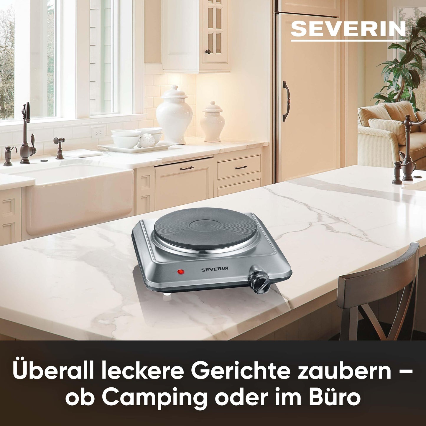 SEVERIN Kochplatte für Küche, Büro oder Camping, kleine Herdplatte mit stufenloser Temperatureinstellung, Campingkocher für einen Topf, weiß, 1.500 W, KP 1091