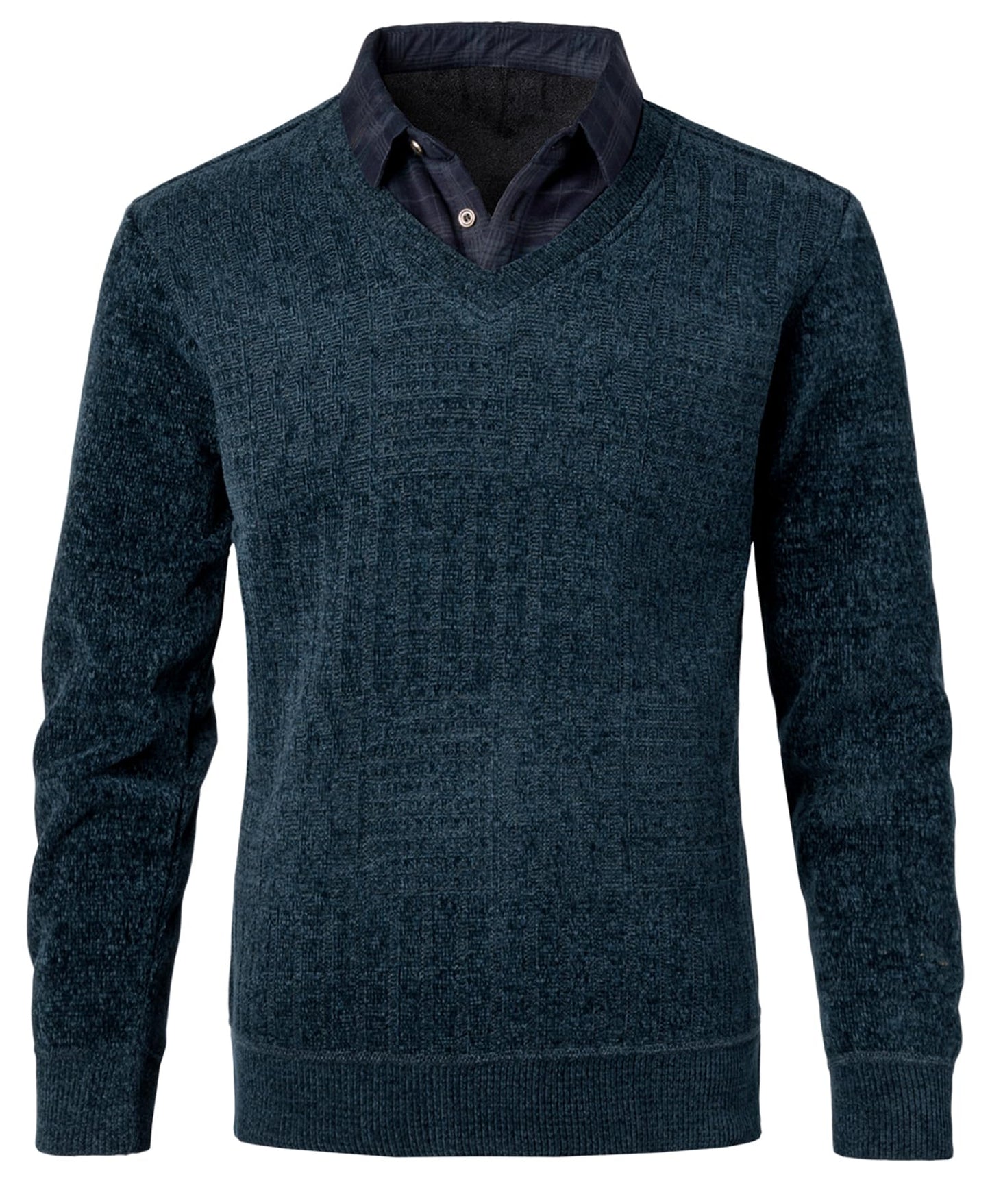 Men’s 2-in-1 V-Neck Sweater – Slim Fit Chenille Pullover with Mock Shirt Collar