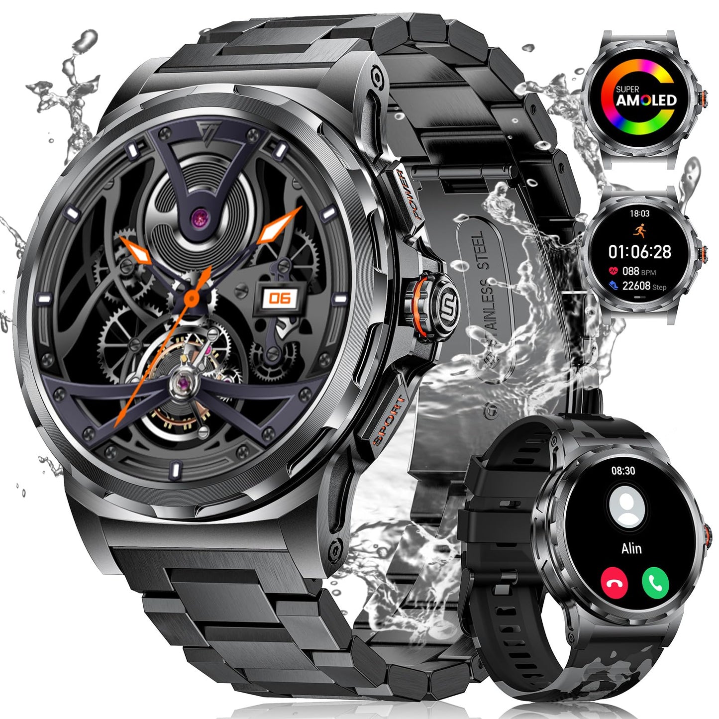 LIGE Militär Smartwatch Herren mit Telefonfunktion, 3 Armbänders, 1,43''AMOLED-Smartwatch mit Herzfrequenz, SpO2, Schlafmonitor, 5ATM Wasserdicht/120+ Sportmodi Outdoor Sportuhr für Android iOS